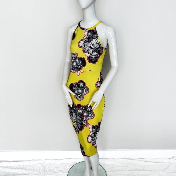 ASOS Lime Yellow Outline Floral Scuba Midi Bodycon Dress Stretch US6 - Picture 6 of 17